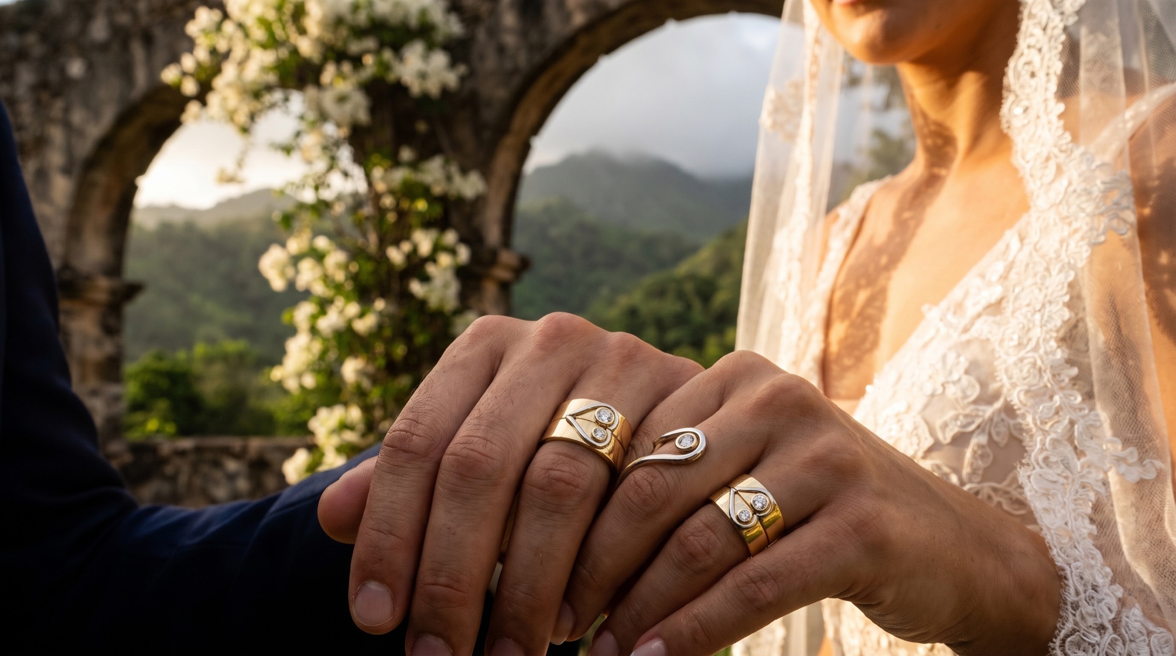 Manos de una pareja de novios con aros de oro amarillo y oro blanco que forman un corazón, en una hacienda de la montaña