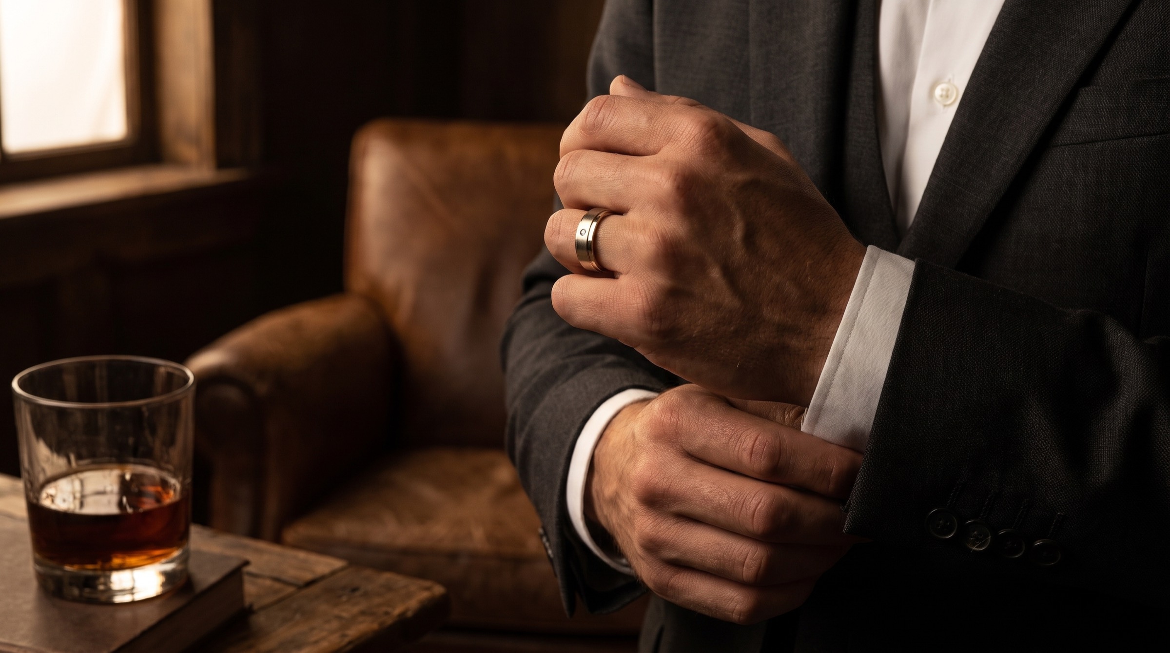 Hombre de traje gris ajustándose el puño de la camisa; lleva un aro de oro de perfil cuadrado