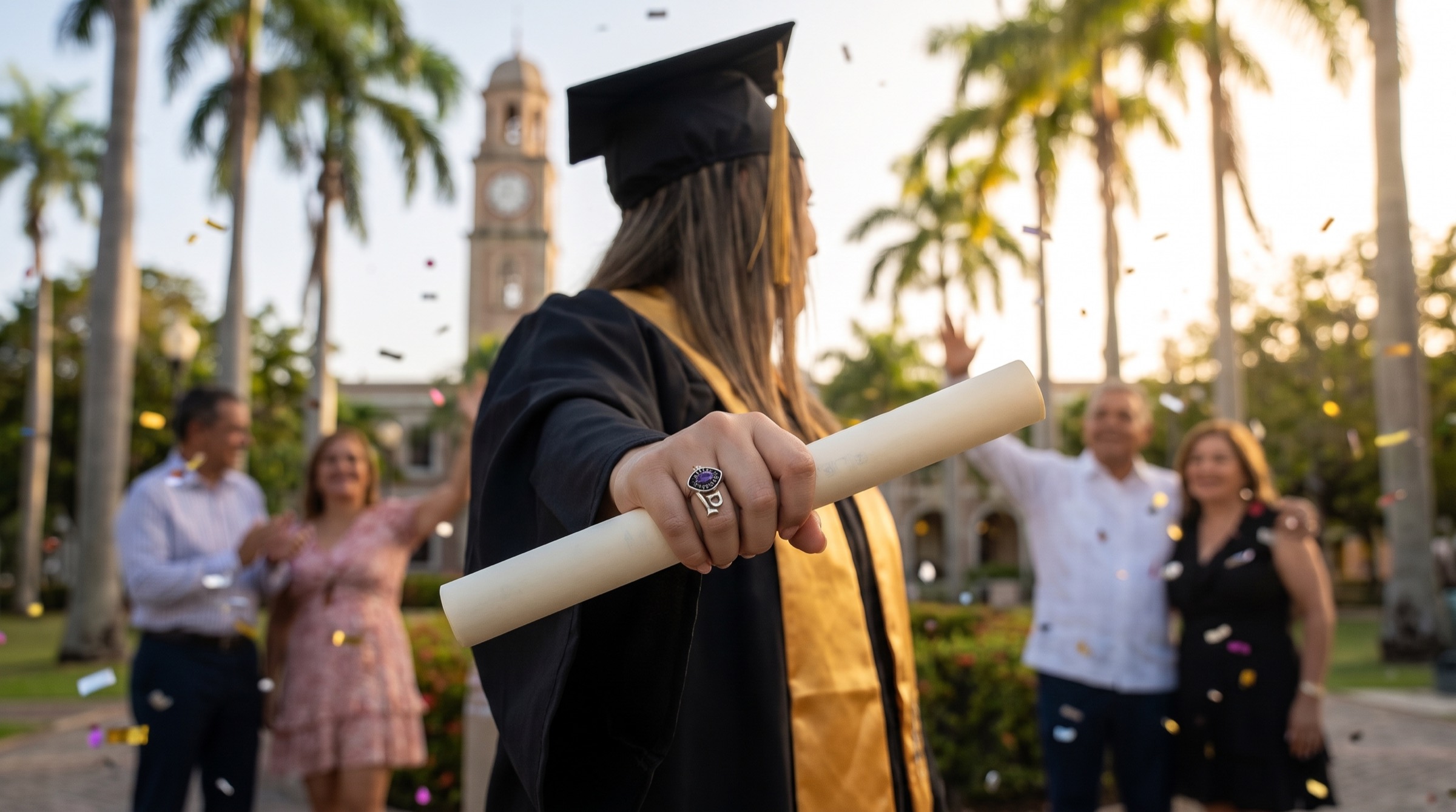 Graduanda con toga y diploma; en su mano, una sortija de graduación de oro blanco con piedra violeta