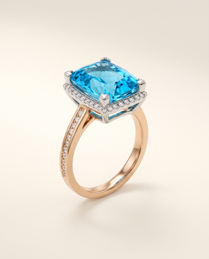 Anillo con topacio azul talla esmeralda y halo de diamantes