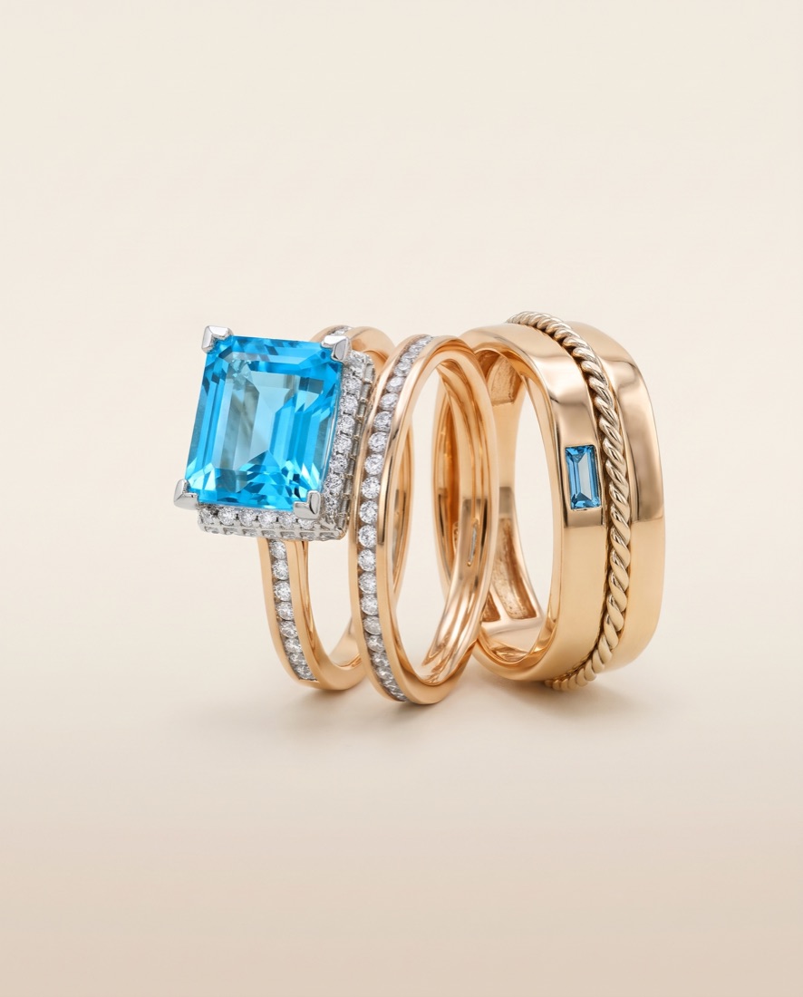 Set de topacio azul con halo, banda de diamantes y aro de oro con piedra azul