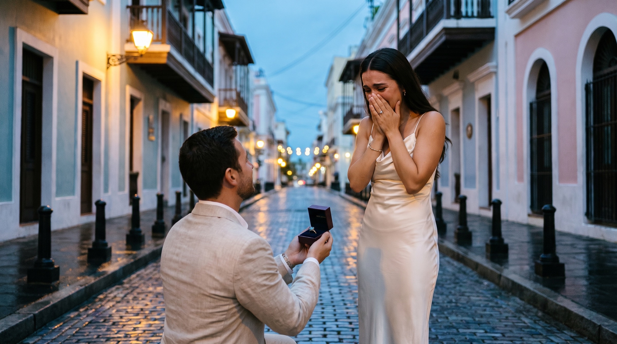 Un hombre de rodillas le muestra un anillo con topacio azul a su pareja en una calle adoquinada del Viejo San Juan al anochecer